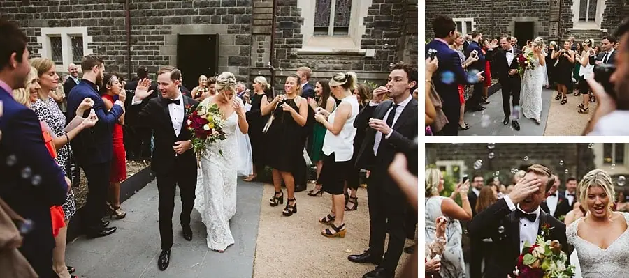 Three-photo collage of the bride and groom walking through guests outside the church.