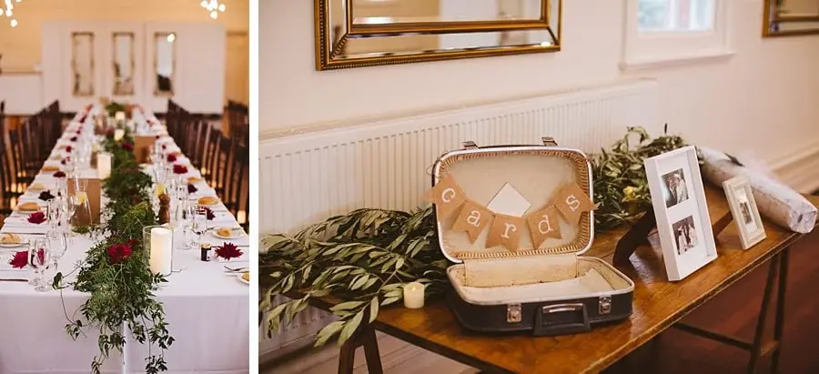 Two photographs of a decorated reception table and an open suitcase holding cards.