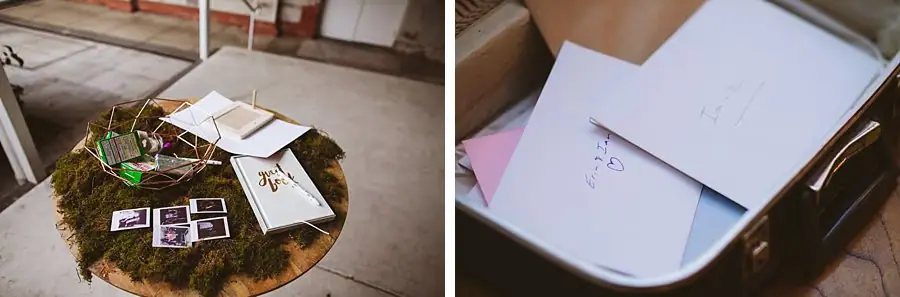 Two photographs of cards on a small table and envelopes inside an open suitcase.