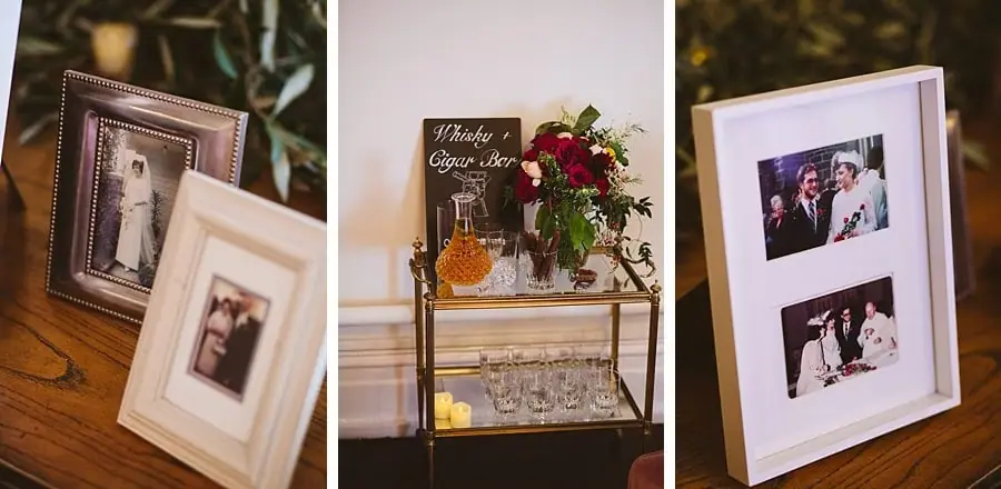 Three-photo collage of framed photographs and a flower-decorated drinks display.