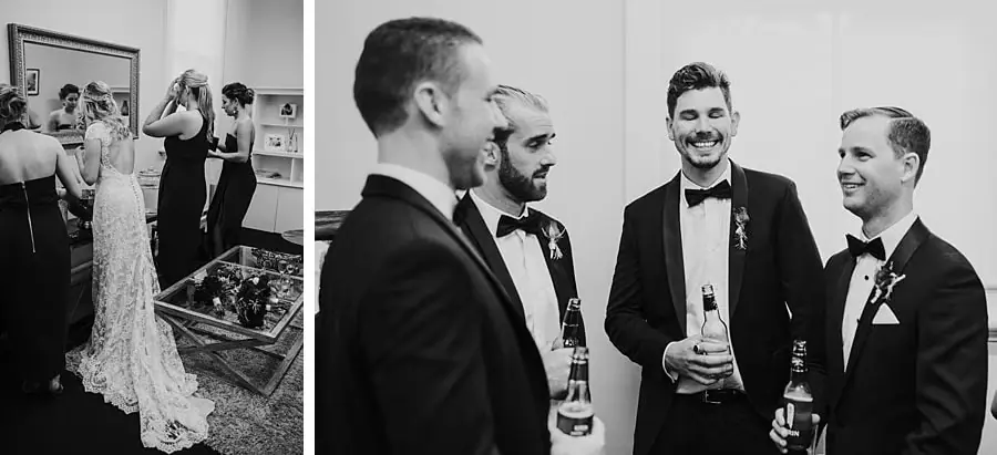 Two black-and-white photographs of the bride with guests and suited men holding bottles.