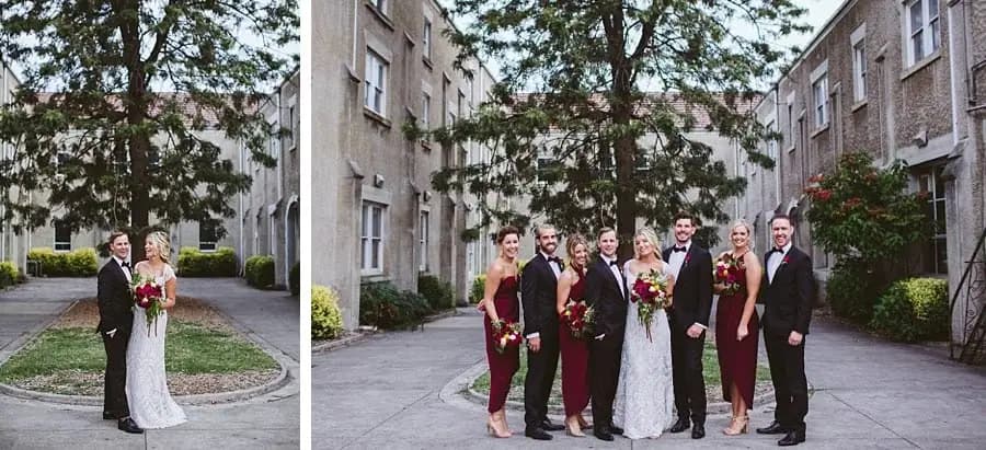 Two photographs of the couple and the wedding party in leafy building grounds.