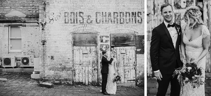 Two black-and-white photographs of the couple beside a weathered brick wall.