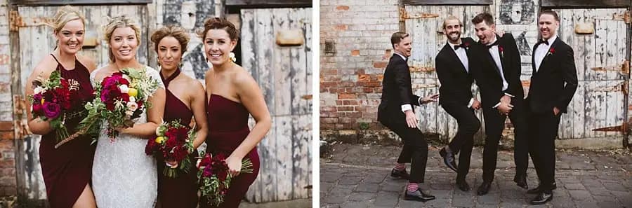 Two photographs of women with bouquets and suited men posing by a brick wall.
