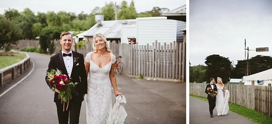 Two photographs of the couple walking along a paved path beside timber fencing.