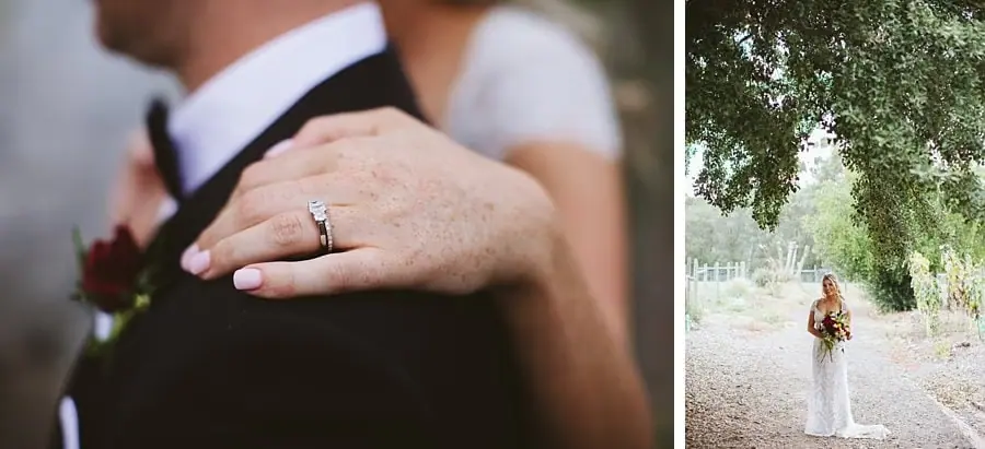 Two photographs of the bride's ringed hand on the groom's shoulder and the bride beneath trees.