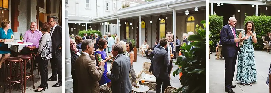 Three-photo collage of wedding guests gathering in a courtyard.