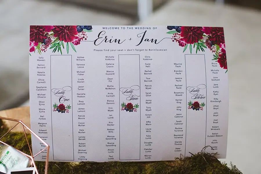 Floral seating chart propped beside a window.