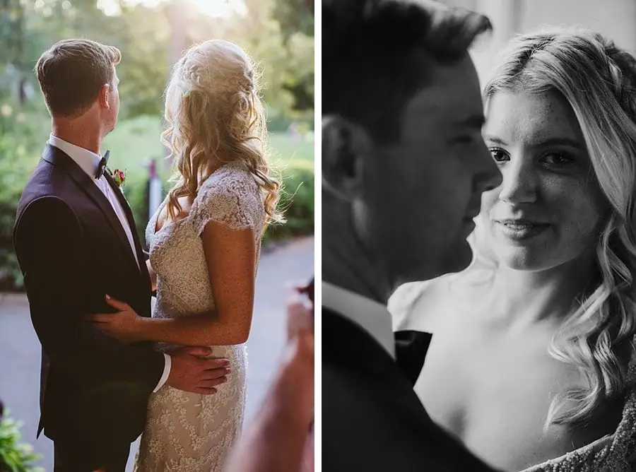 Two photographs of the couple standing together indoors, including a black-and-white close-up.