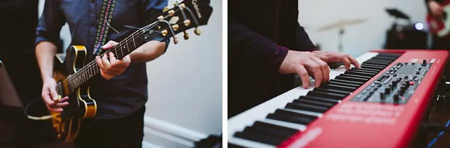 Two photographs of musicians playing an electric guitar and a keyboard.