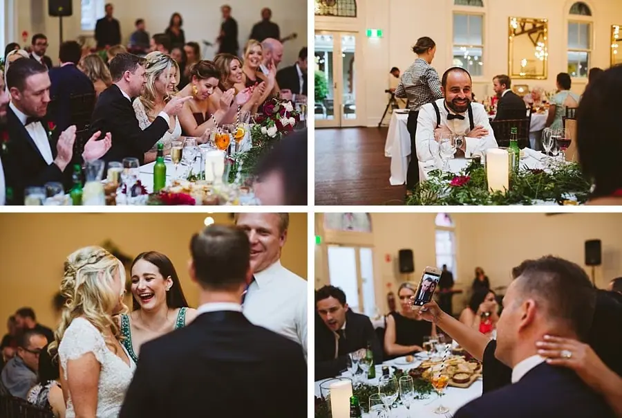 Four-photo collage of guests applauding and greeting the couple at the reception.