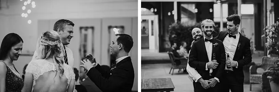 Two black-and-white photographs of the couple and guests chatting with drinks.
