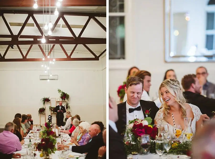 Two photographs of the reception hall and the couple smiling at their table.