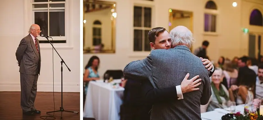 Two photographs of a man speaking at a microphone and embracing the groom.