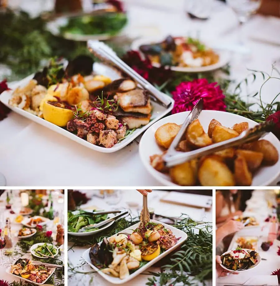 Four-photo collage of serving dishes and plated reception food.
