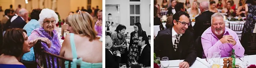 Three-photo collage of guests laughing and chatting at reception tables.