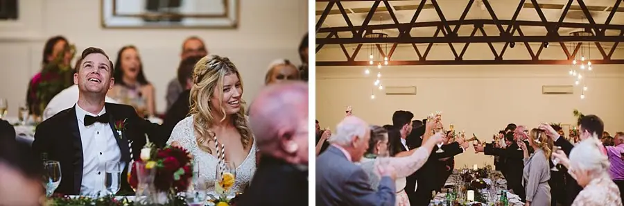 Two photographs of the couple smiling and guests raising glasses.