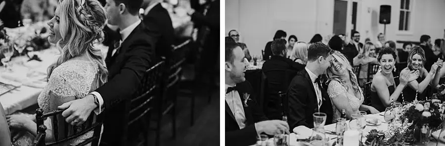 Two black-and-white photographs of the groom kissing the bride at their table.