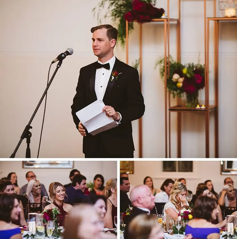 Three-photo collage of the groom speaking at a microphone and guests watching.