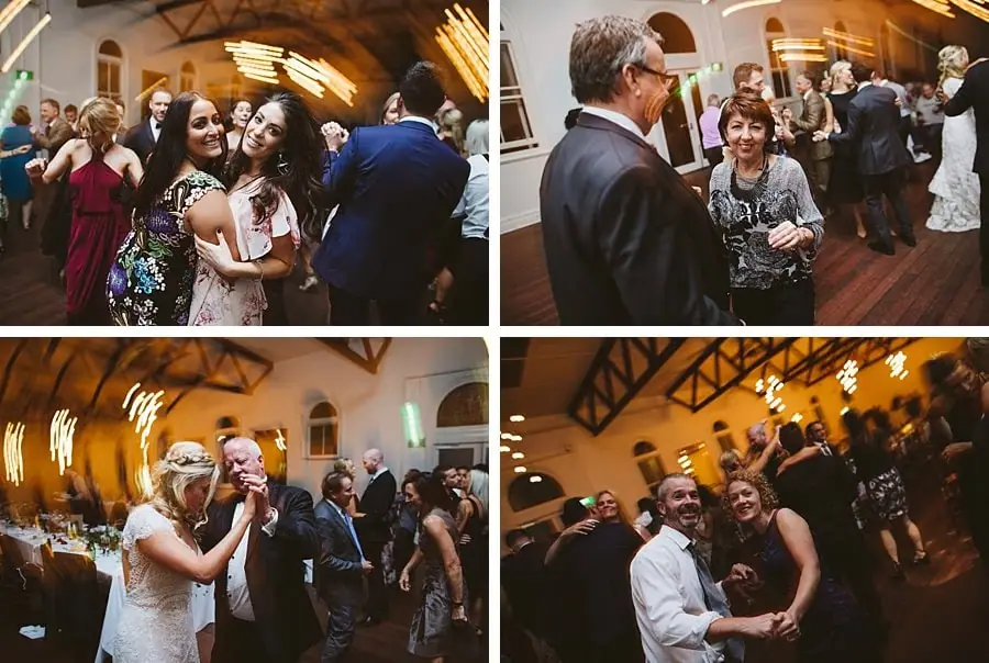 Four-photo collage of wedding guests dancing and chatting at night.