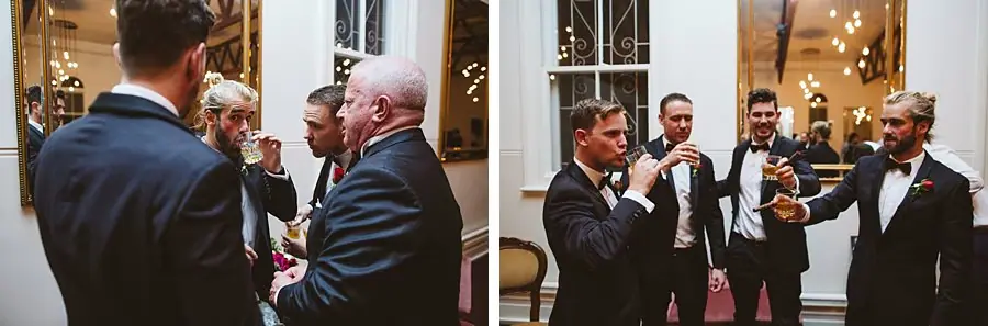 Two photographs of suited men chatting with drinks in a courtyard at night.