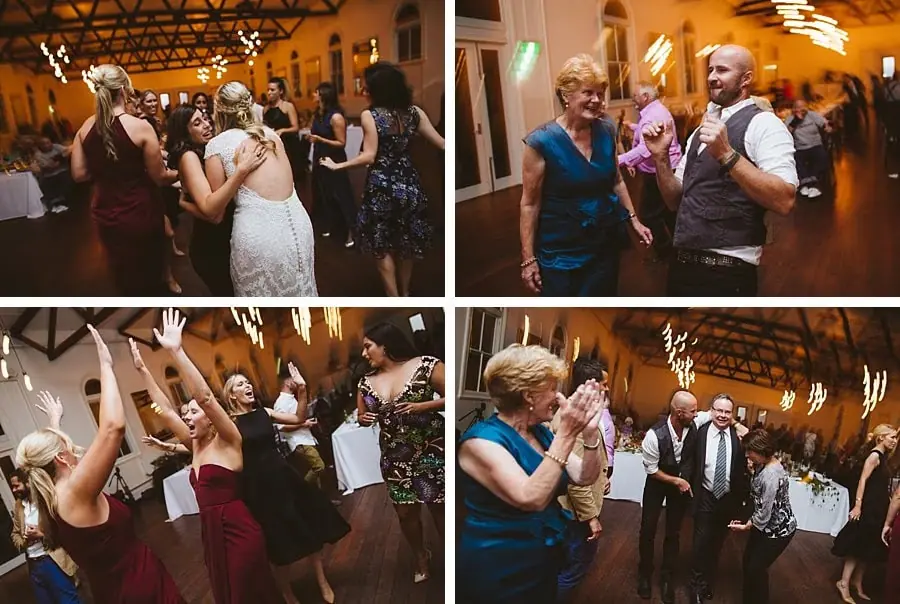 Four-photo collage of guests dancing beneath reception lights.