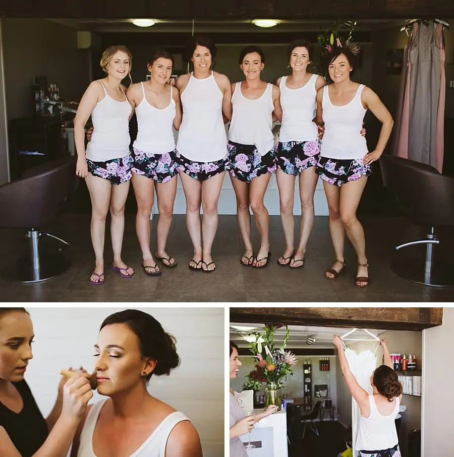 Bridesmaids together and the bride getting ready