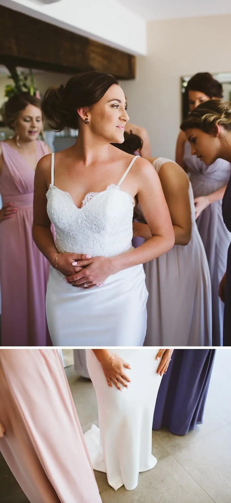 Bride in her wedding dress with bridesmaids nearby
