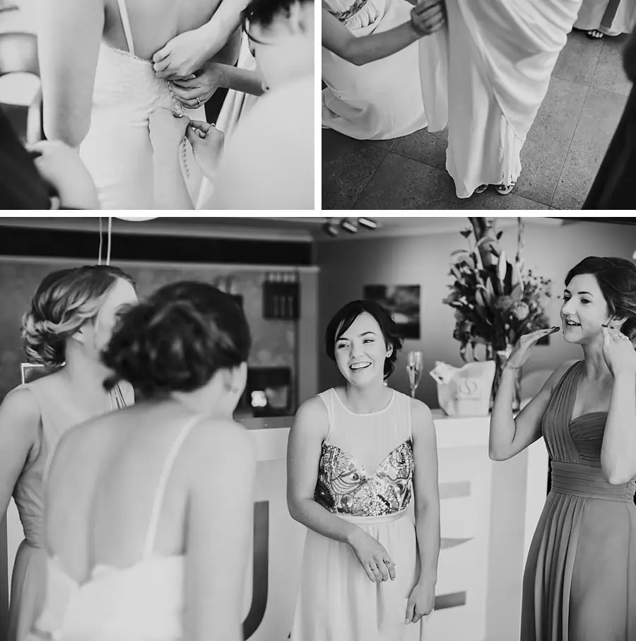 Black-and-white collage of the bride getting dressed
