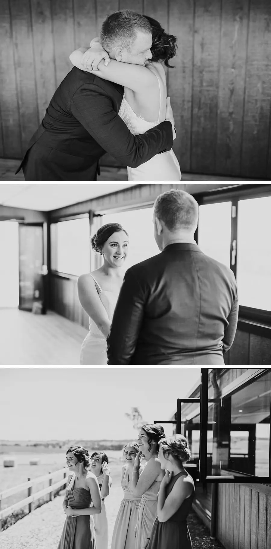 Black-and-white collage of the couple meeting and embracing