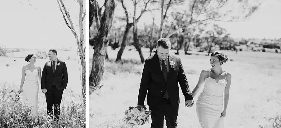 Black-and-white portraits of the couple walking together