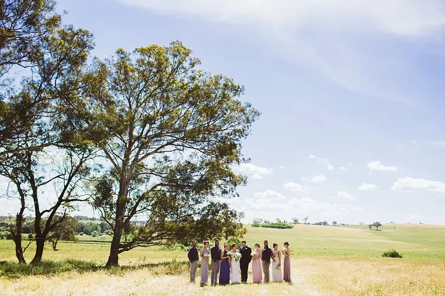Wedding party standing beneath a large tree