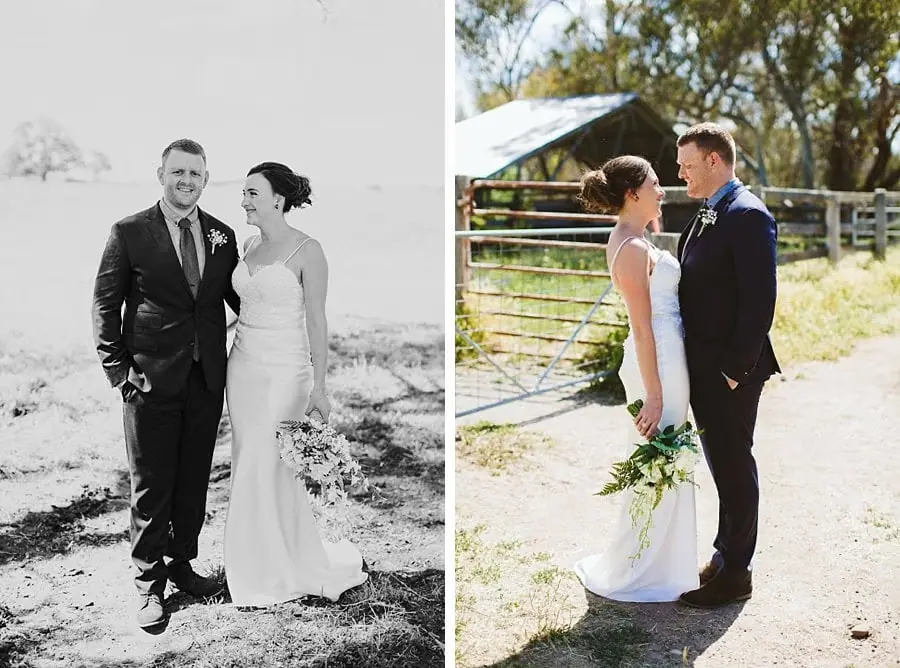 Couple smiling and embracing beside the paddock fence