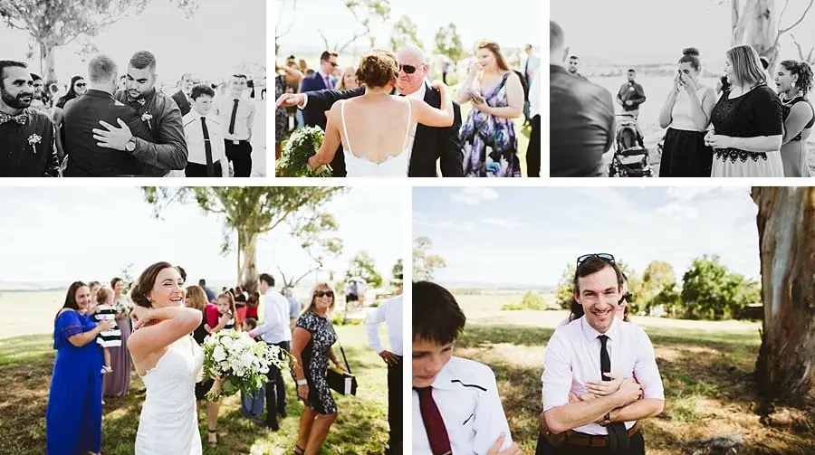 Collage of guests embracing the couple after the ceremony