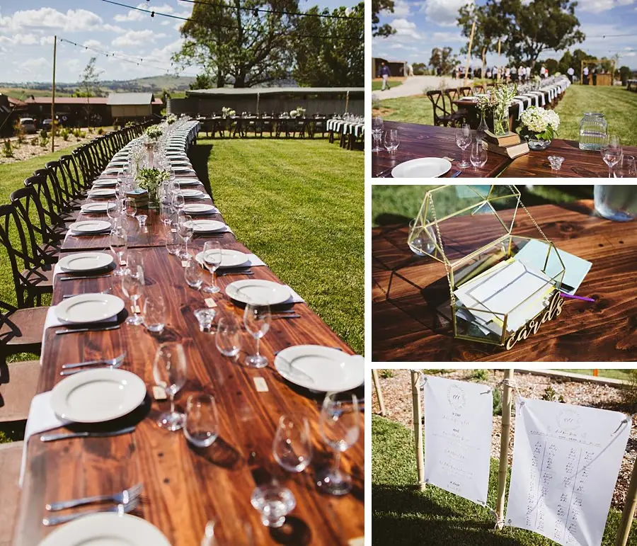 Outdoor reception table settings and lawn seating