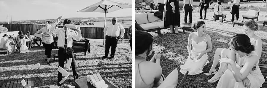 Black-and-white collage of guests enjoying lawn games