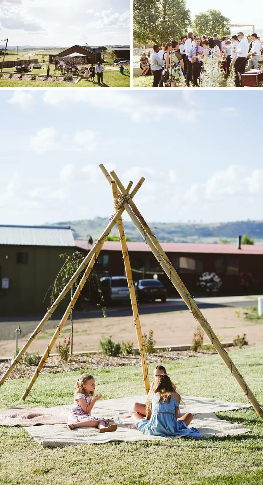 Wedding party in the garden and guests relaxing beneath a timber teepee