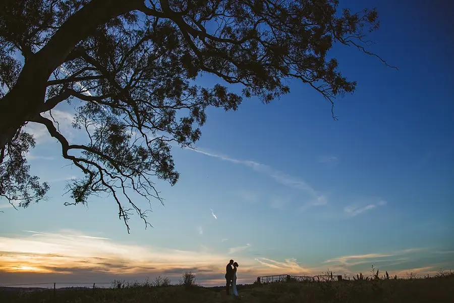 Couple silhouetted beneath a tree against the sunset