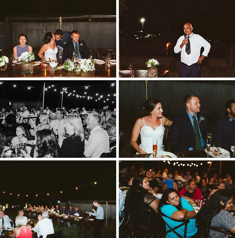 Collage of wedding speeches and guests laughing
