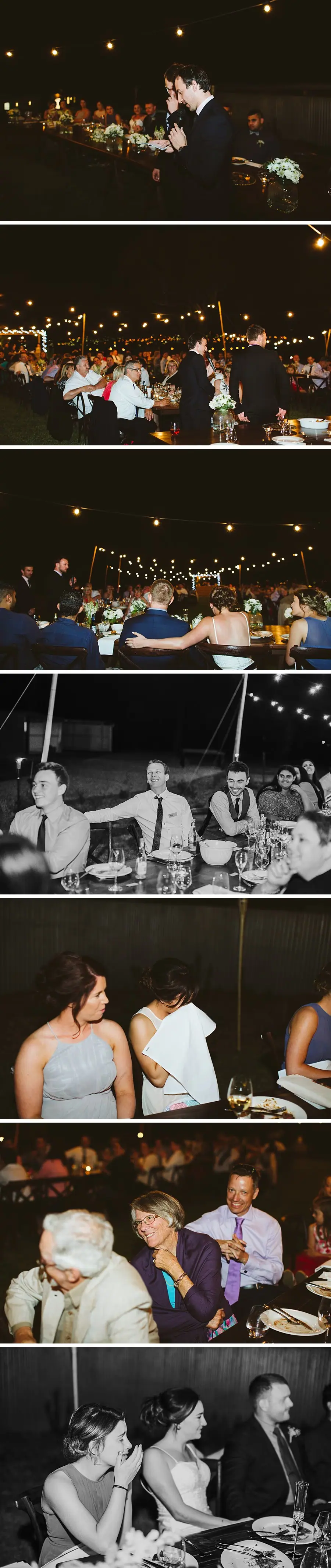 Collage of speeches and celebrations at the outdoor reception