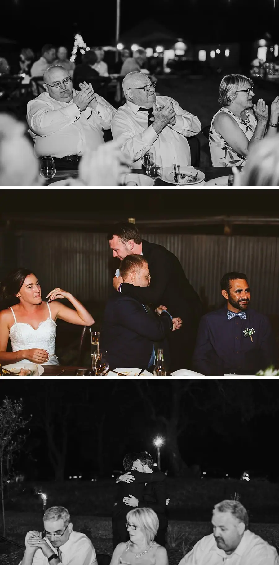 Collage of guests laughing and listening to wedding speeches