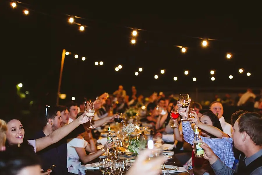 Guests raising their glasses in a toast