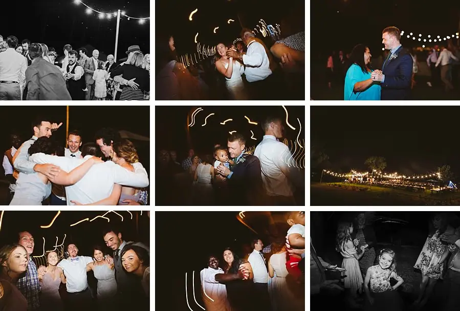Collage of guests dancing beneath the festoon lights