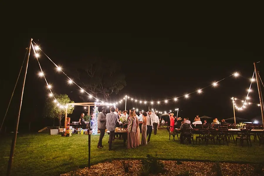 Wedding guests gathered on the lawn beneath festoon lights