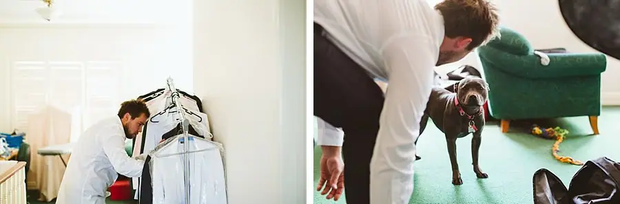 Two photographs of a man preparing clothing and bending toward a dog.