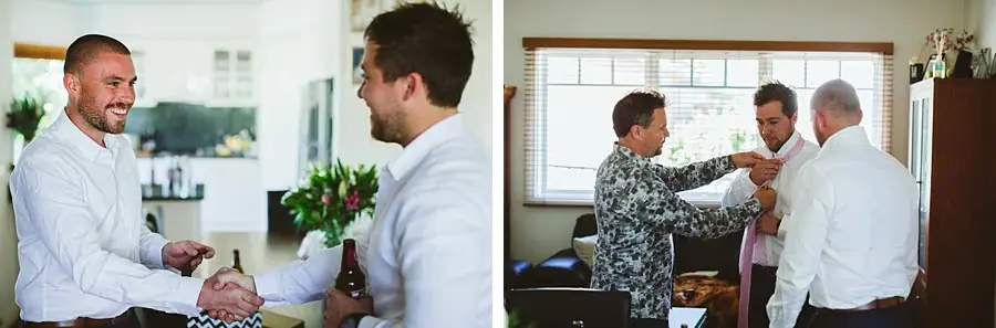 Two photographs of men greeting one another and adjusting formal clothing indoors.