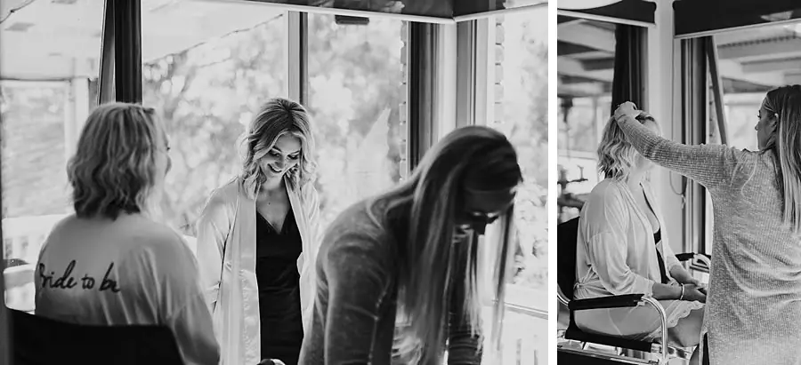 Two black-and-white photographs of women preparing their hair indoors.