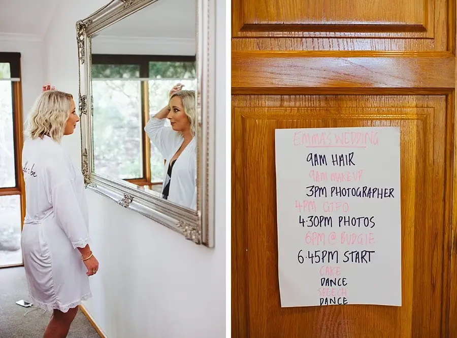 Two photographs of a woman looking in a mirror and a handwritten preparation schedule.