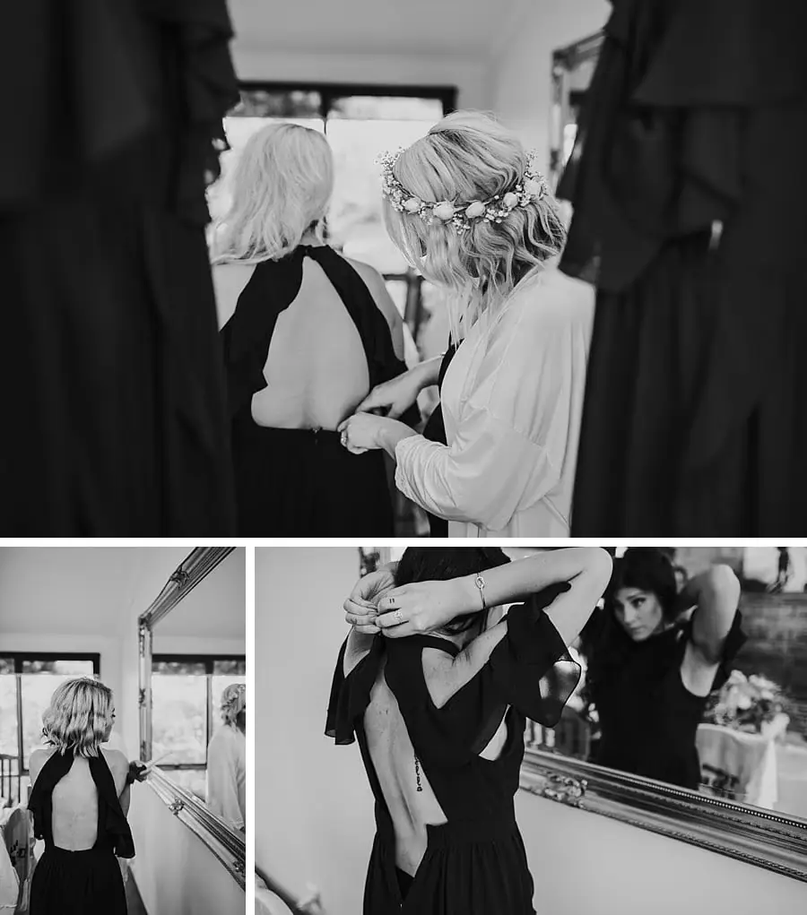 Three black-and-white photographs of women helping adjust a dress.