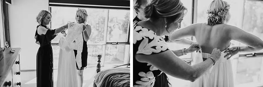 Two black-and-white photographs of women helping the bride get dressed.